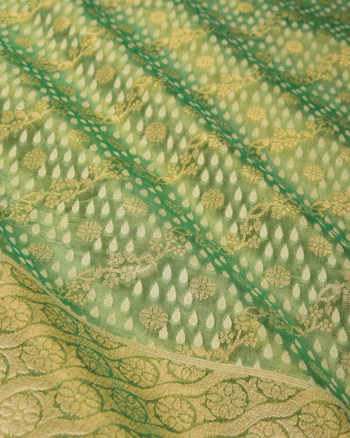 Metallic Green Gold Zari And White Cotton Buti Cutwork Brocade Handwoven Kora Tissue Banarasi Saree-HolyWeaves