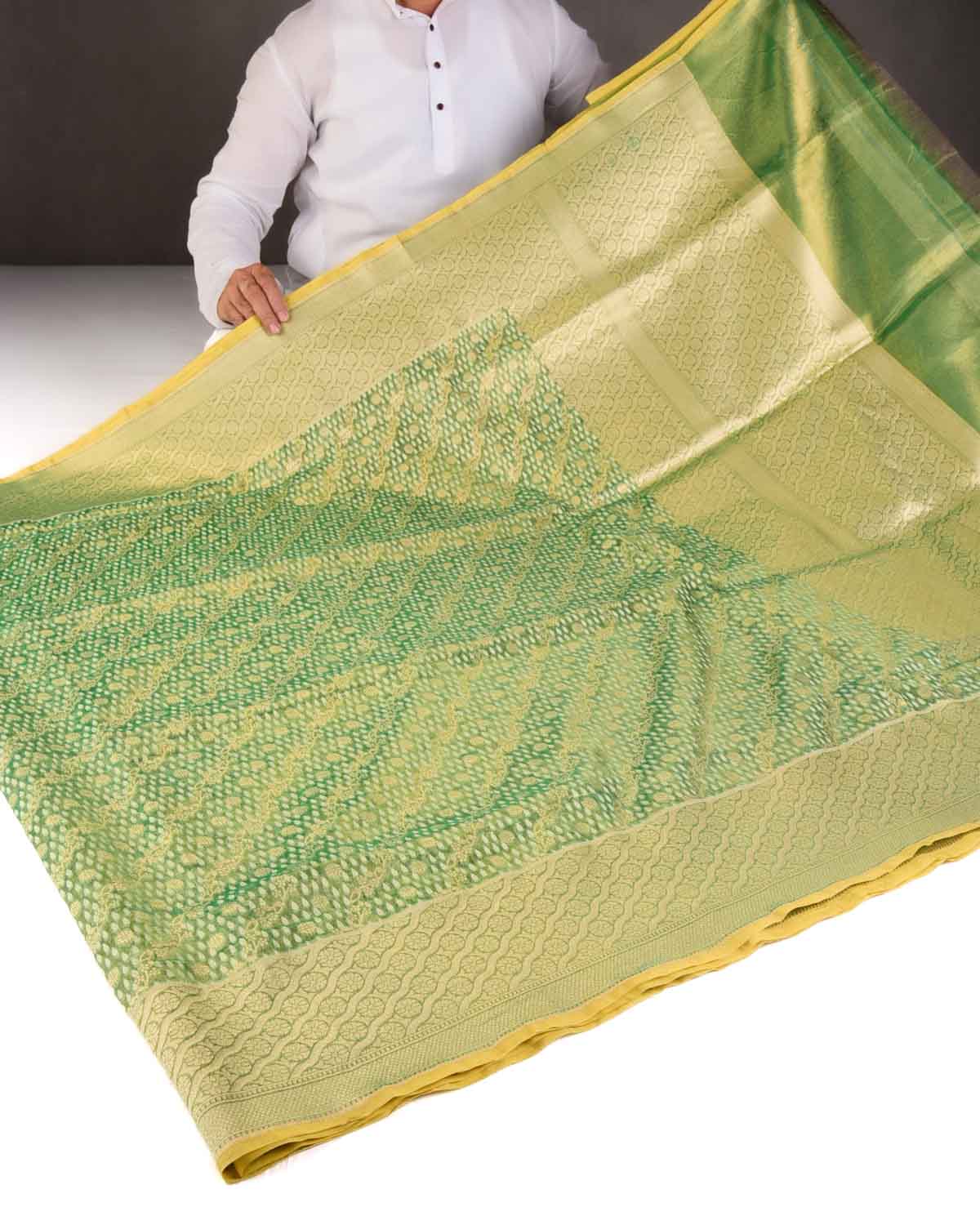 Metallic Green Gold Zari And White Cotton Buti Cutwork Brocade Handwoven Kora Tissue Banarasi Saree-HolyWeaves