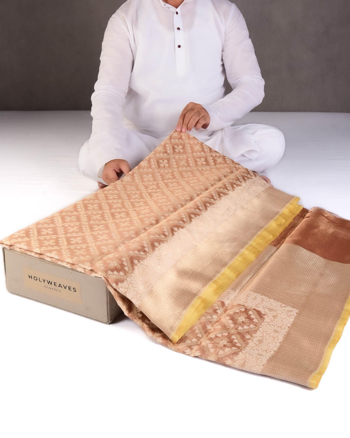 Metallic Copper Gold Zari And White Cotton Jangla Cutwork Brocade Handwoven Kora Tissue Banarasi Saree-HolyWeaves