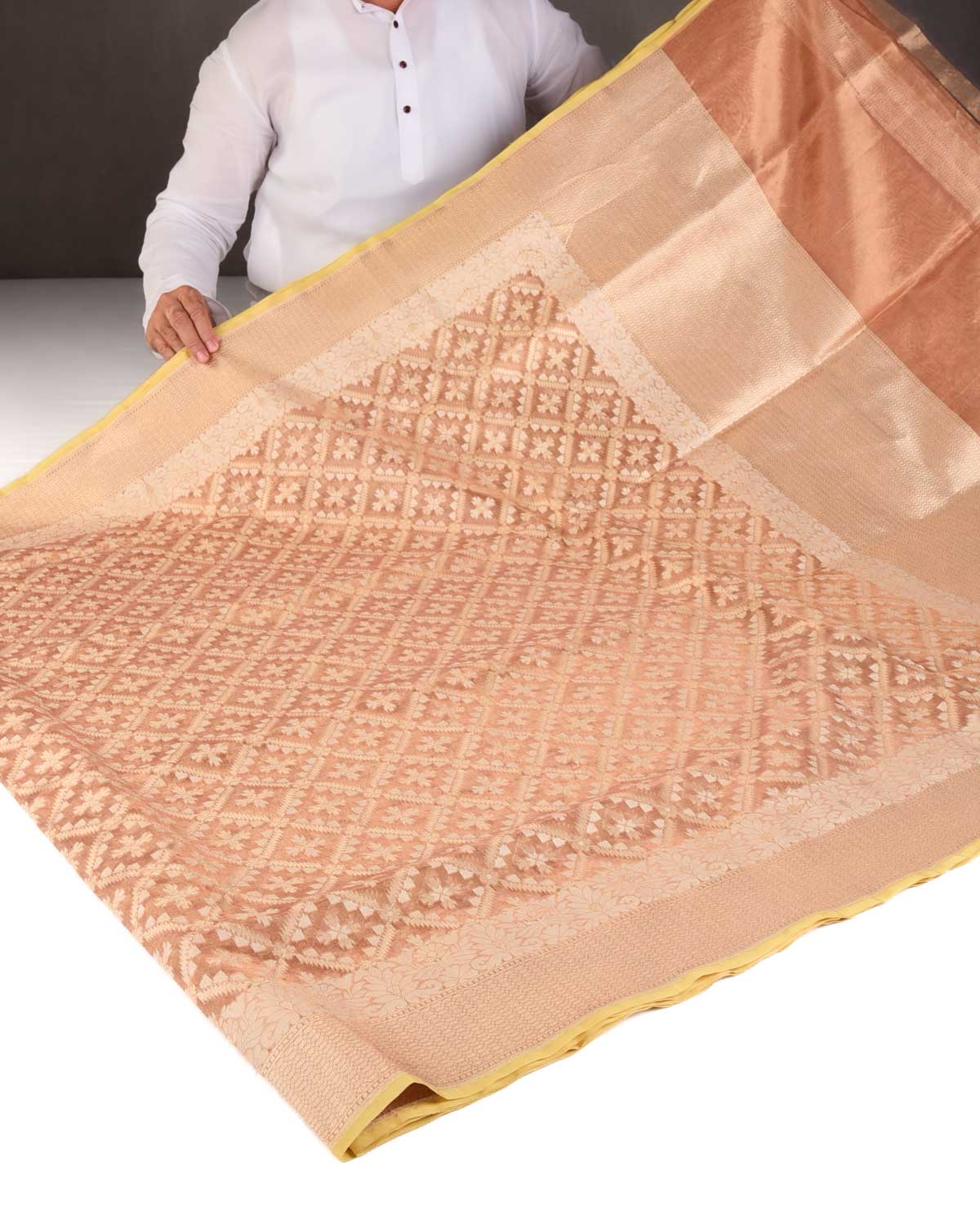 Metallic Copper Gold Zari And White Cotton Jangla Cutwork Brocade Handwoven Kora Tissue Banarasi Saree-HolyWeaves