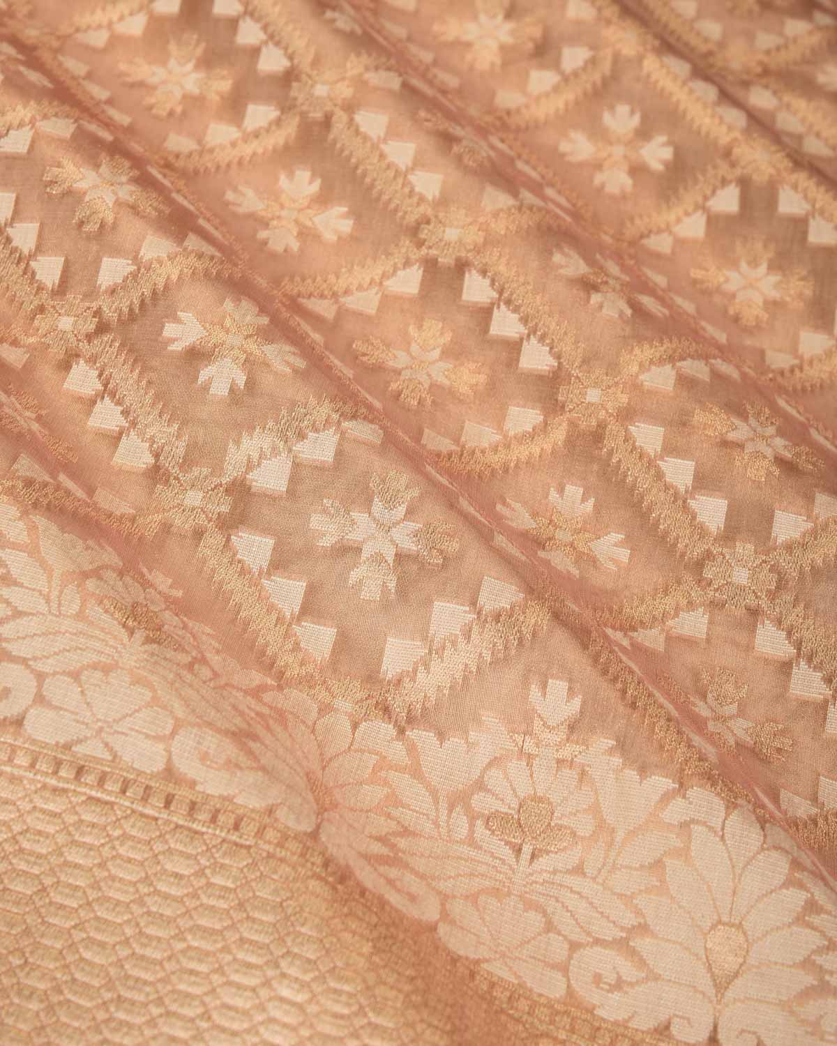 Metallic Copper Gold Zari And White Cotton Jangla Cutwork Brocade Handwoven Kora Tissue Banarasi Saree-HolyWeaves