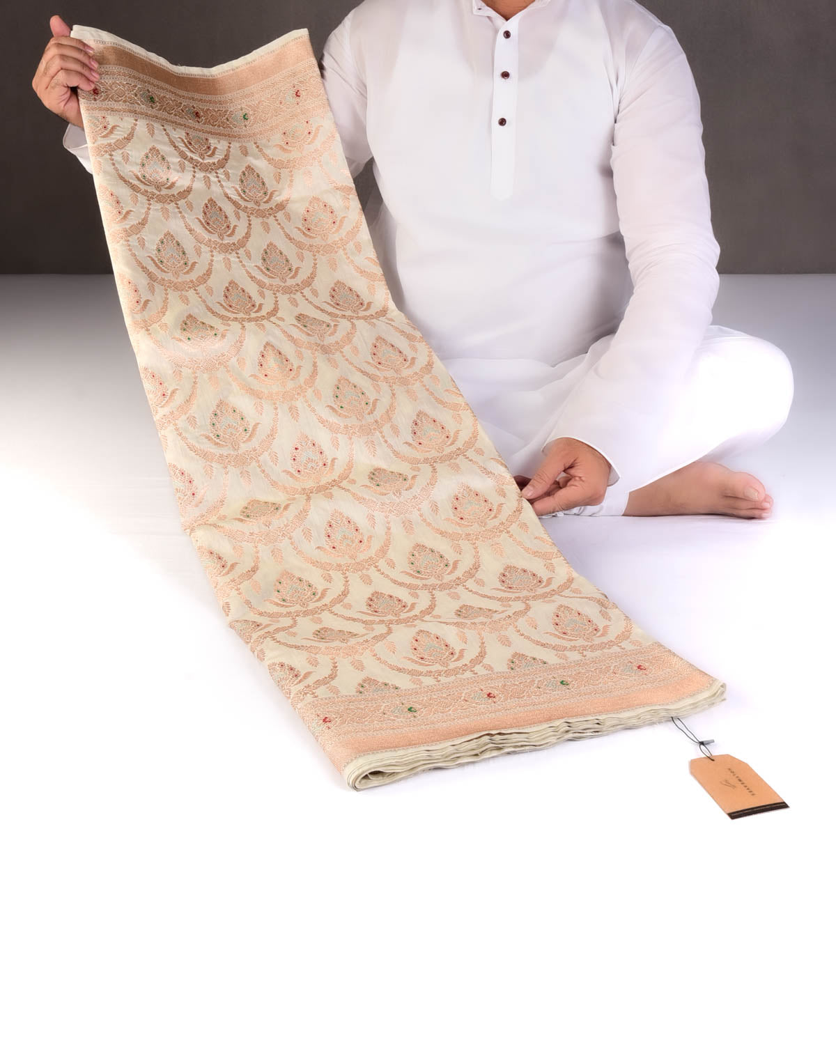 Ivory White Gold & Silver Zari & Meenekari Classic Jangla Cutwork Brocade Woven Spun Silk Banarasi Saree-HolyWeaves