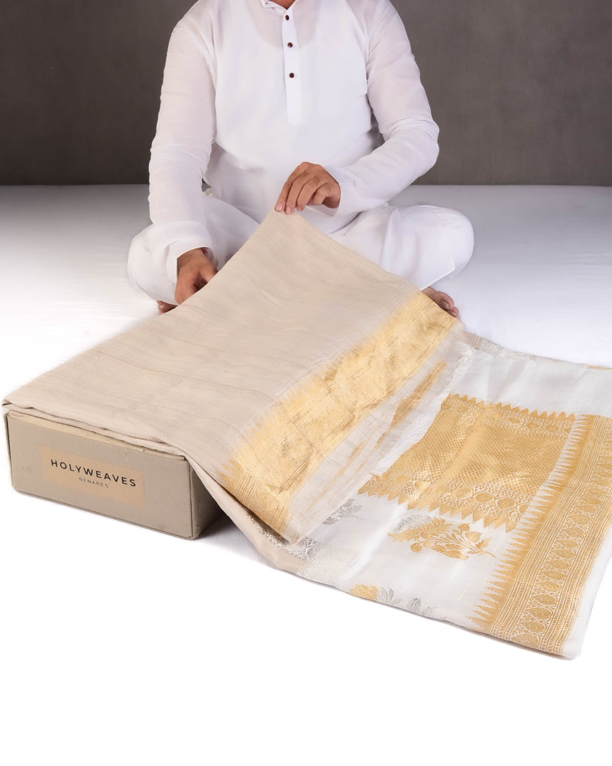 Textured Beige Gold & Silver Zari Lotus Border Kadhuan Brocade Handwoven Tasar Georgette Banarasi Saree-HolyWeaves