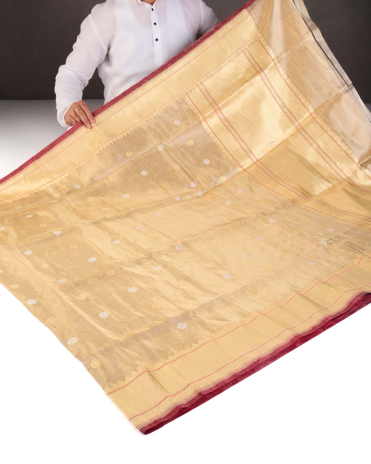 Metallic Gold Gold & Silver Zari Buti Kadhuan Brocade Handwoven Tissue Banarasi Saree-HolyWeaves