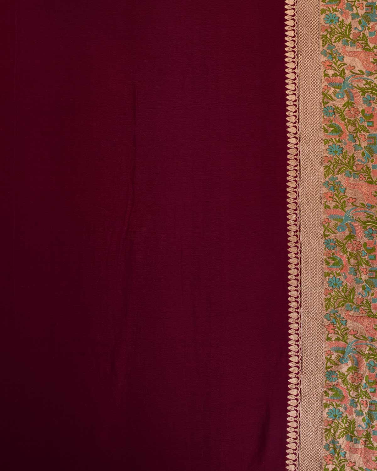 Burgundy Gold Zari & Resham Elephants Peacocks & Zebrs Shikargah Cutwork Brocade Handwoven Khaddi Georgette Banarasi Saree-HolyWeaves