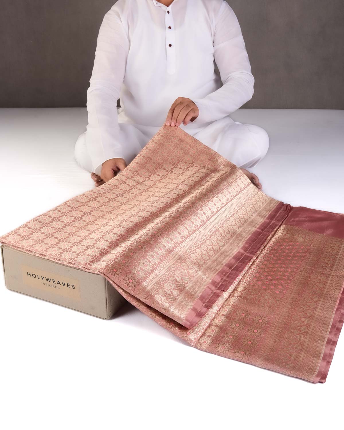 Rosy Brown Gold Zari & Peach Meena Cutwork Brocade Handwoven Katan Silk Banarasi Saree-HolyWeaves