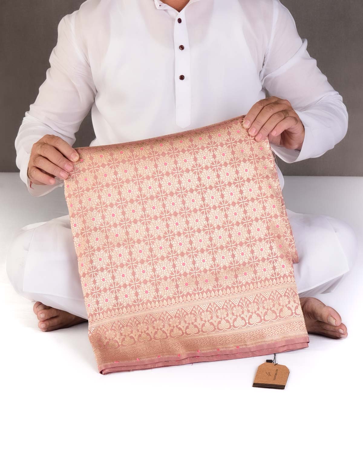 Rosy Brown Gold Zari & Peach Meena Cutwork Brocade Handwoven Katan Silk Banarasi Saree-HolyWeaves