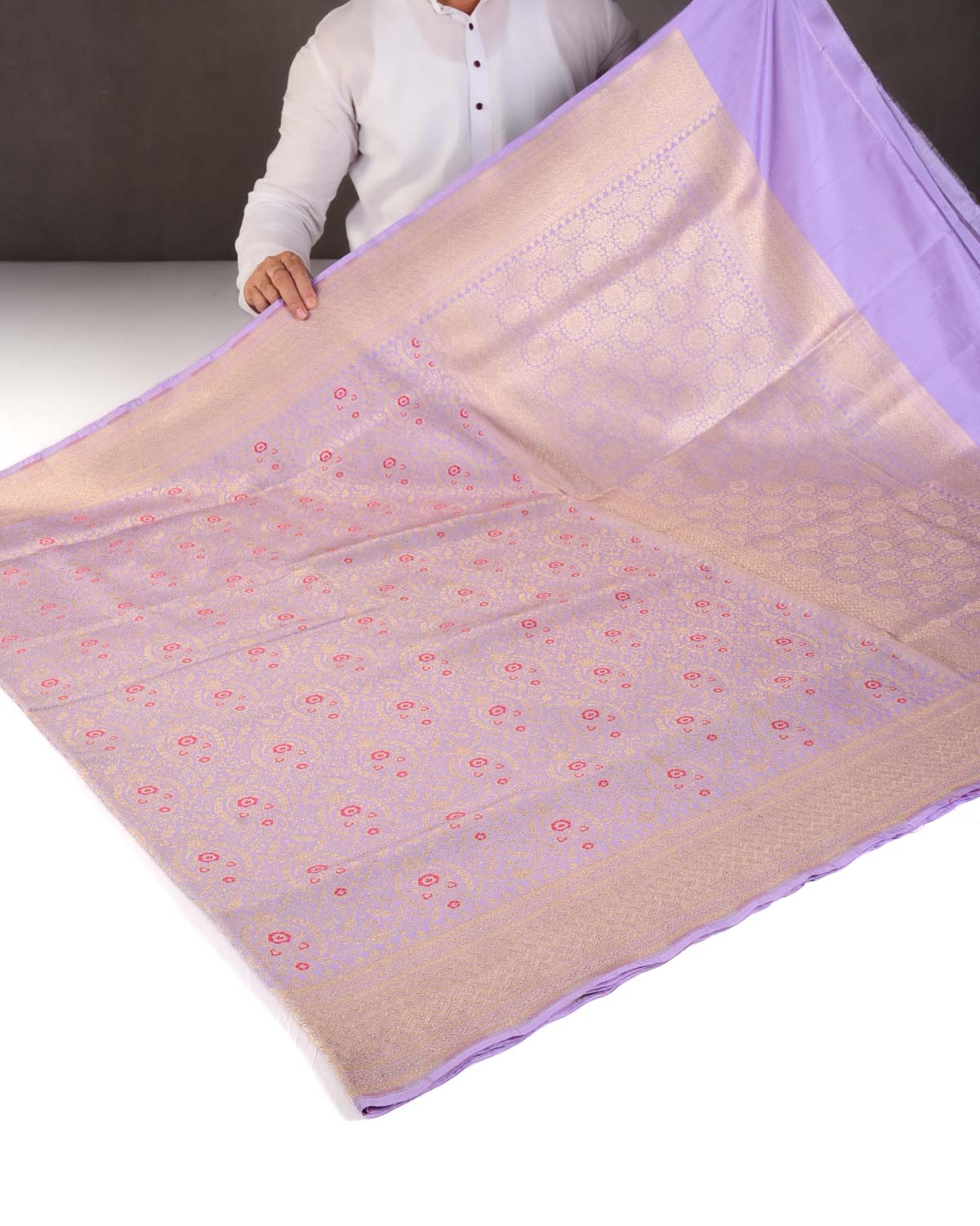 Wisteria Mauve Gold Zari & Red Meena Cutwork Brocade Handwoven Katan Silk Banarasi Saree-HolyWeaves