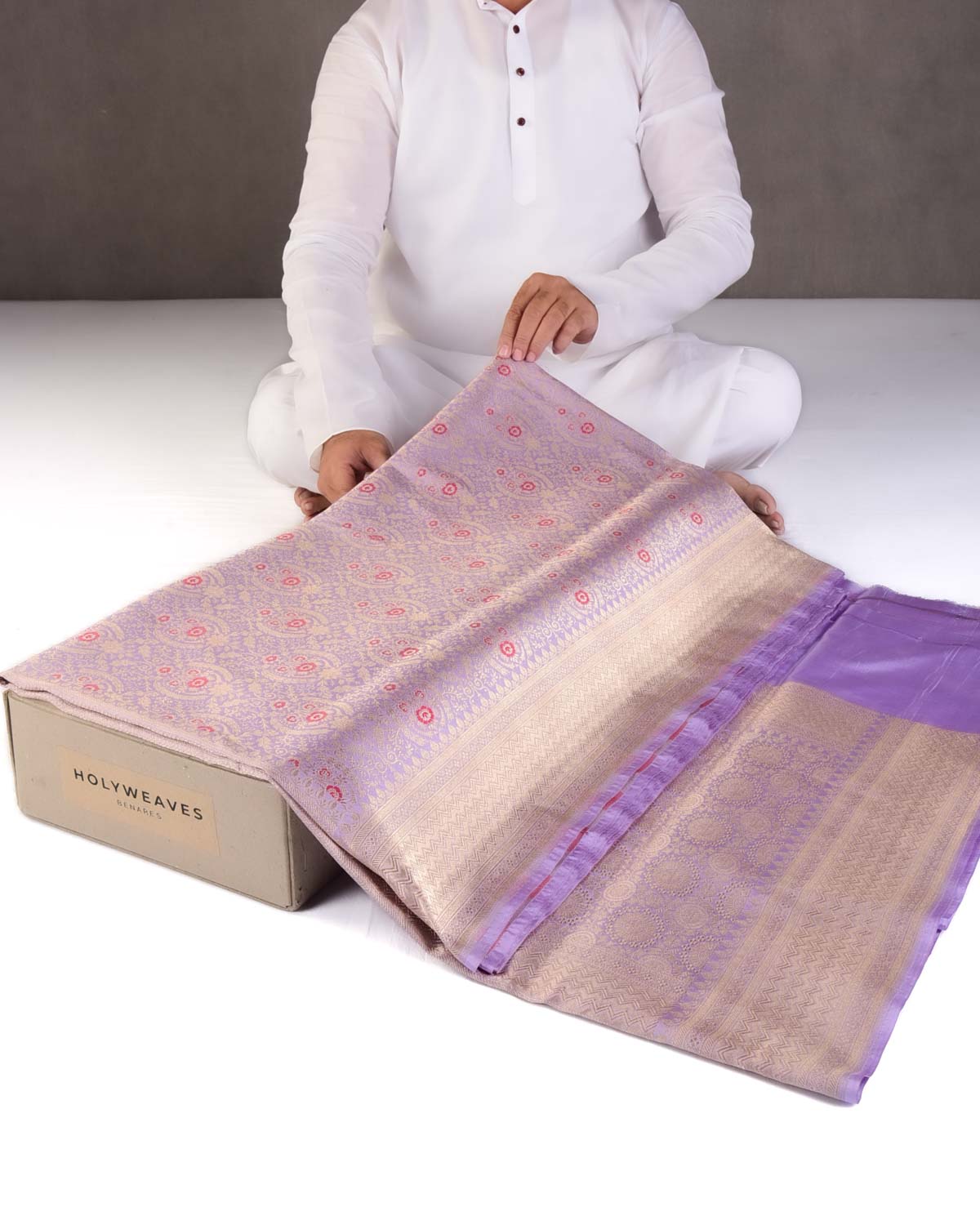 Wisteria Mauve Gold Zari & Red Meena Cutwork Brocade Handwoven Katan Silk Banarasi Saree-HolyWeaves