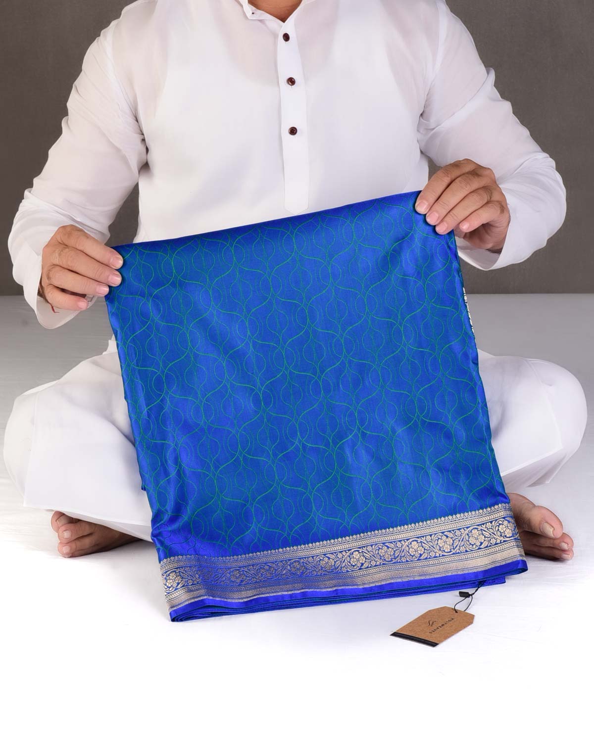 Shot Royal Blue Geometric Maze Tanchoi Handwoven Katan Silk Banarasi Saree with Gold Brocade Border Pallu-HolyWeaves