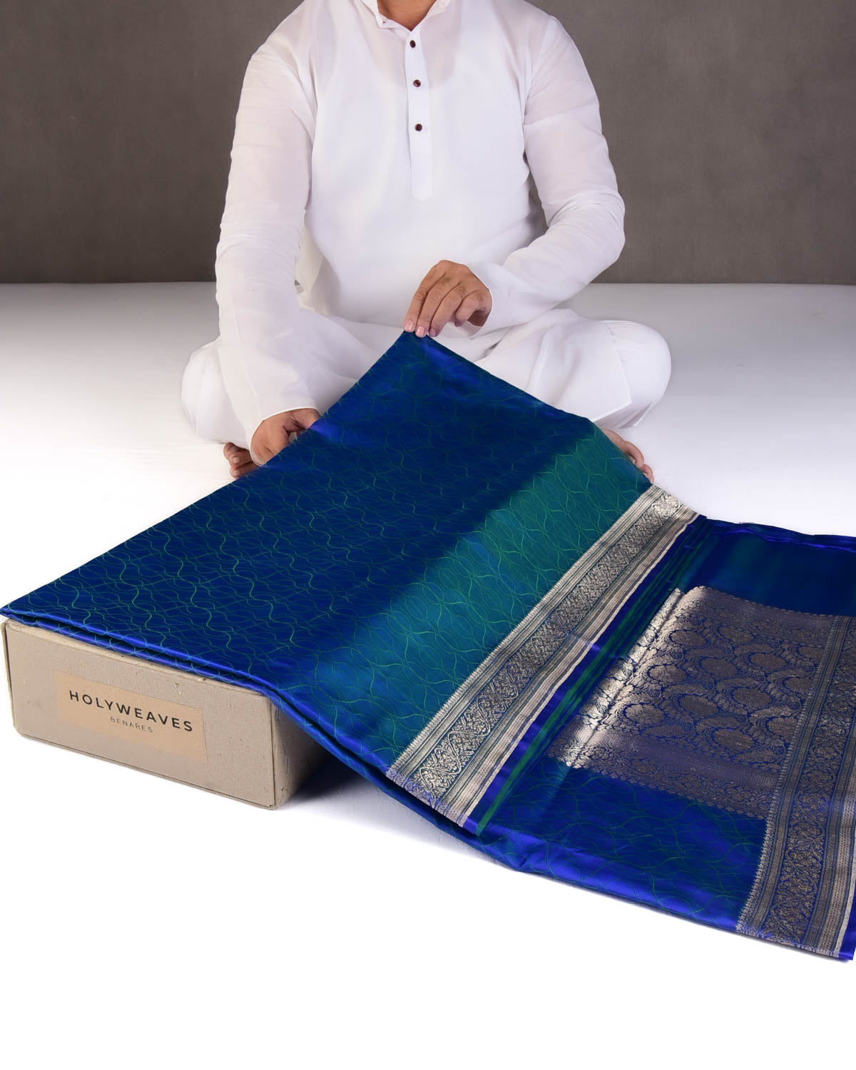 Shot Royal Blue Geometric Maze Tanchoi Handwoven Katan Silk Banarasi Saree with Gold Brocade Border Pallu-HolyWeaves