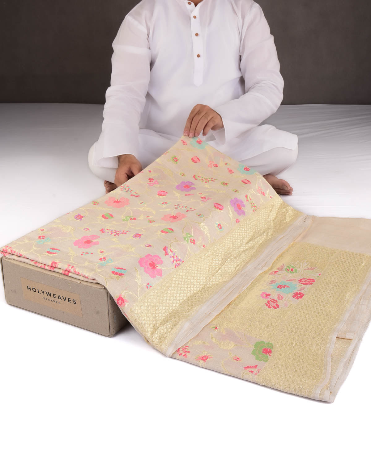 Beige Gold Zari & Meenekari Floral Jaal Cutwork Brocade Handwoven Tasar Georgette Banarasi Saree-HolyWeaves