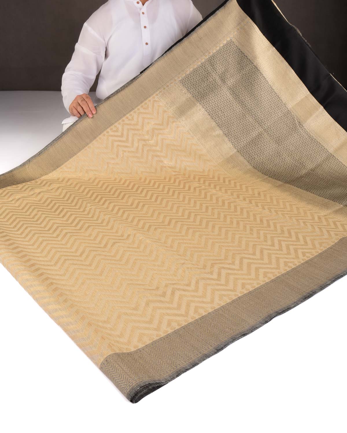 Beige Gold Zari Chevron Cutwork Brocade Handwoven Muga Silk Banarasi Saree with Contrast Gray Border Pallu-HolyWeaves