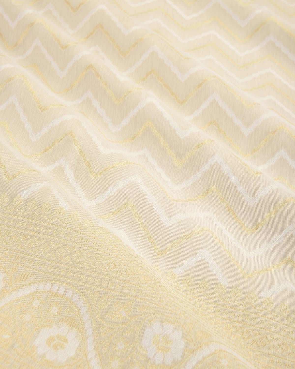 White Gold Zari And resham Chevron Cutwork Brocade Woven Art Cotton Silk Banarasi Saree-HolyWeaves