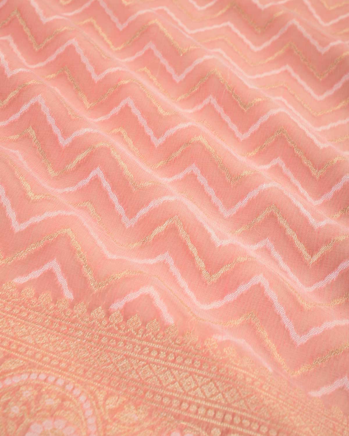 Peach Gold Zari And resham Chevron Cutwork Brocade Woven Art Cotton Silk Banarasi Saree-HolyWeaves