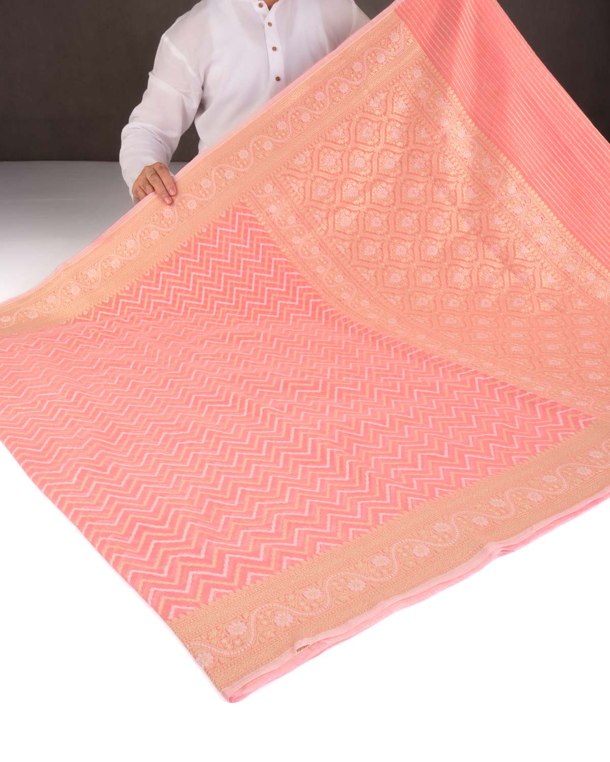 Peach Gold Zari And resham Chevron Cutwork Brocade Woven Art Cotton Silk Banarasi Saree-HolyWeaves