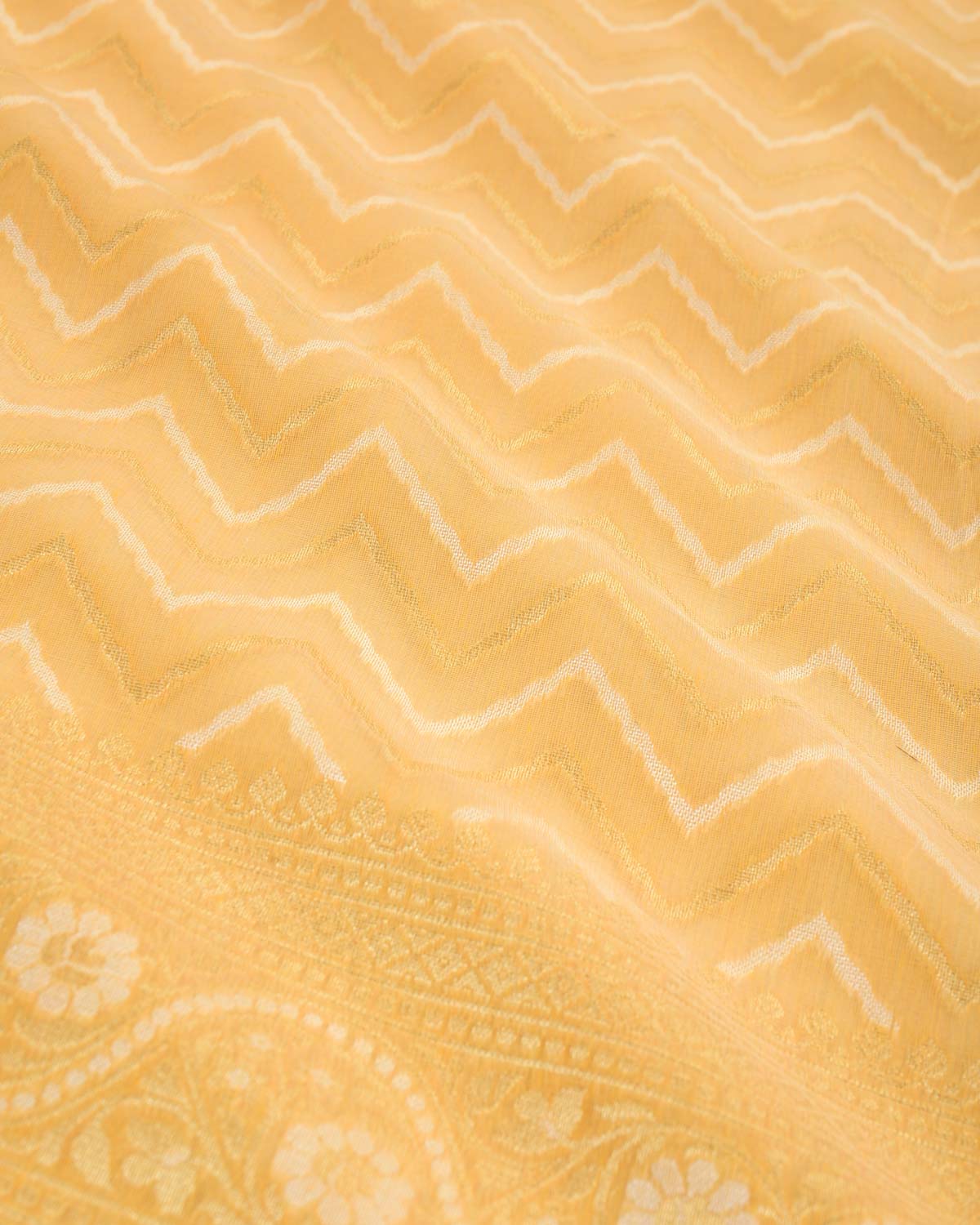 Marigold Yellow Gold Zari And resham Chevron Cutwork Brocade Woven Art Cotton Silk Banarasi Saree-HolyWeaves