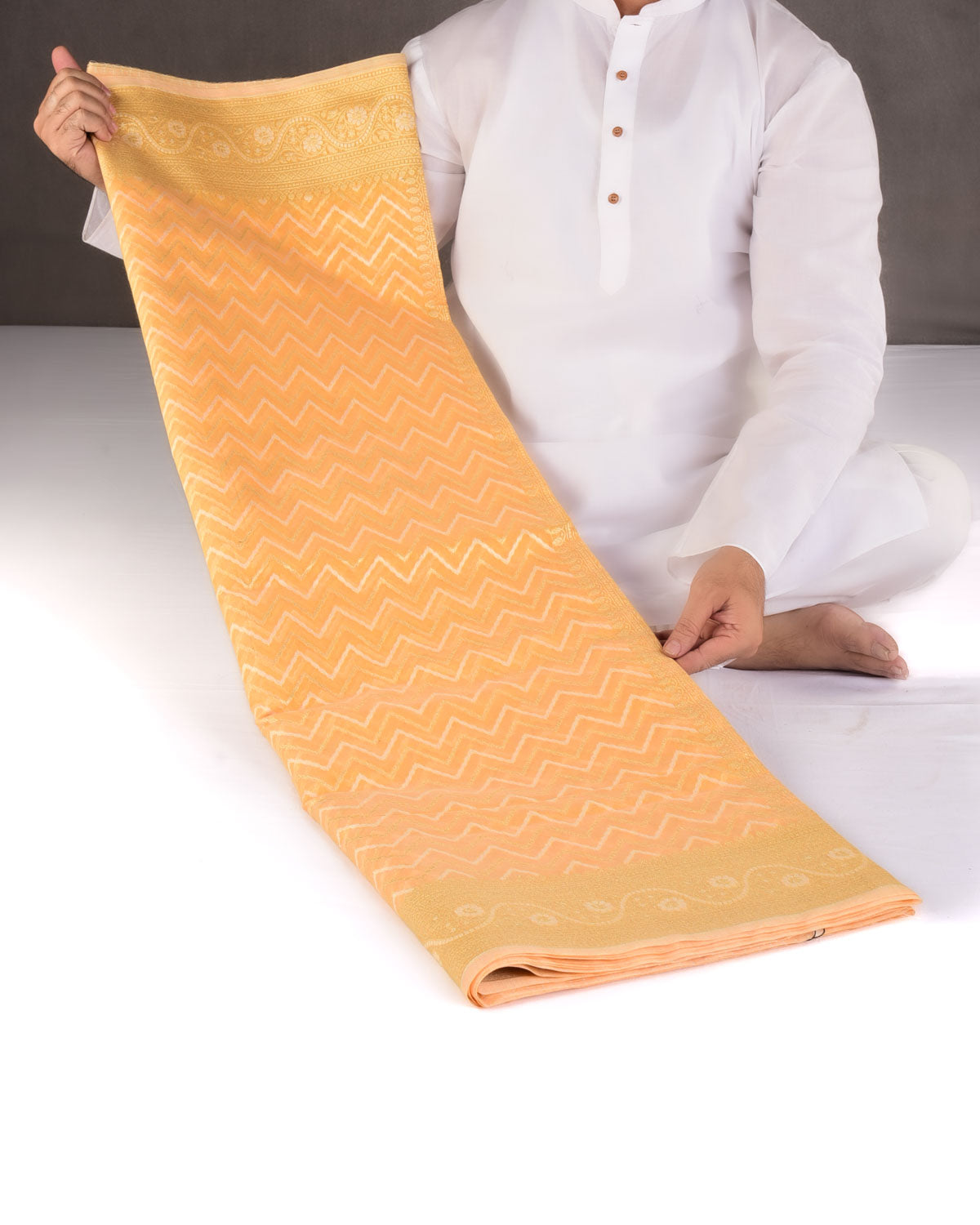 Marigold Yellow Gold Zari And resham Chevron Cutwork Brocade Woven Art Cotton Silk Banarasi Saree-HolyWeaves