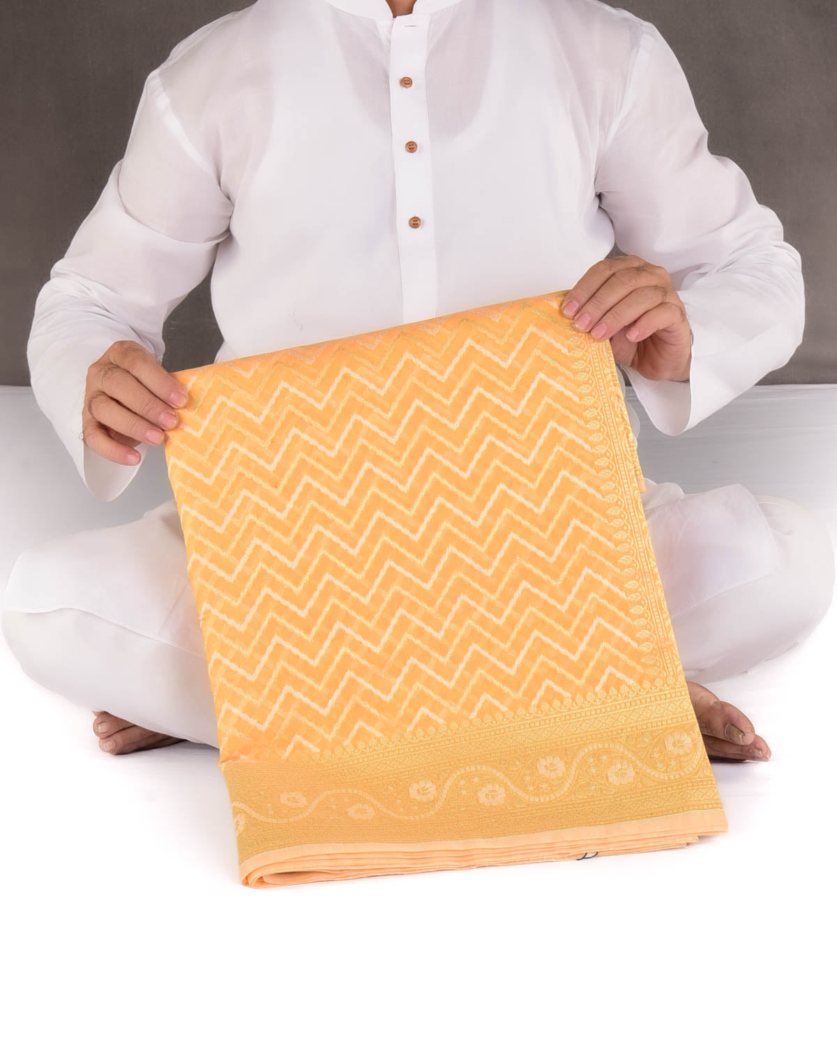 Marigold Yellow Gold Zari And resham Chevron Cutwork Brocade Woven Art Cotton Silk Banarasi Saree-HolyWeaves