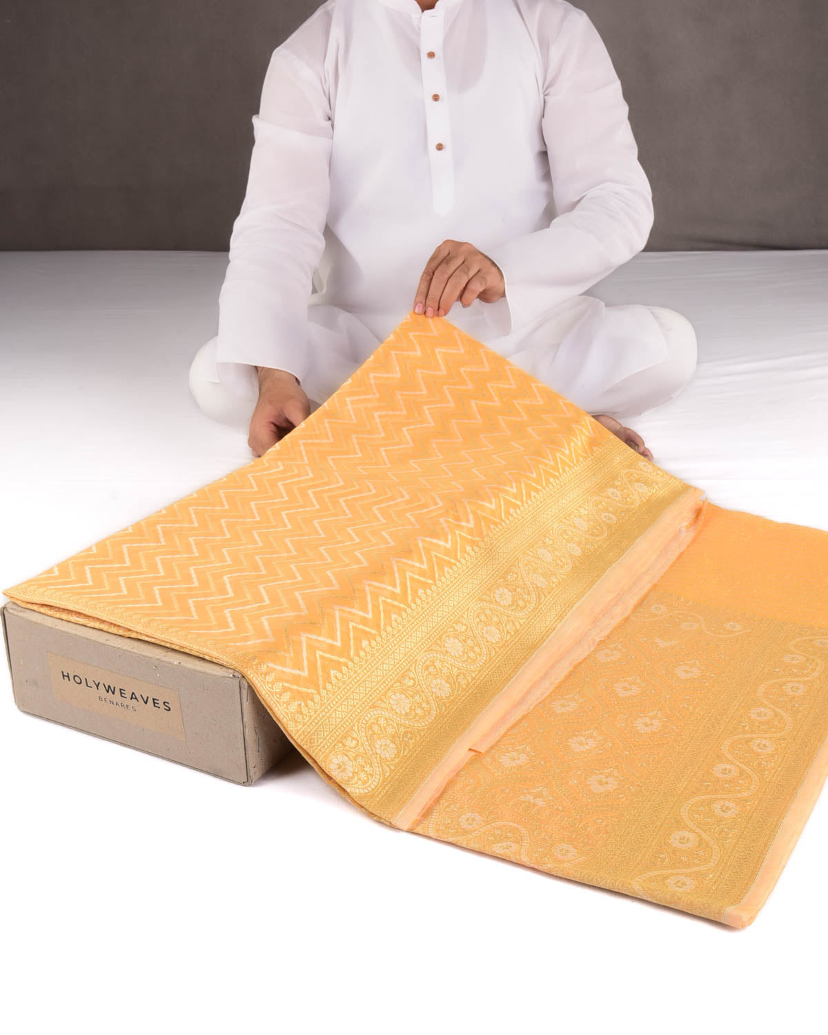 Marigold Yellow Gold Zari And resham Chevron Cutwork Brocade Woven Art Cotton Silk Banarasi Saree-HolyWeaves