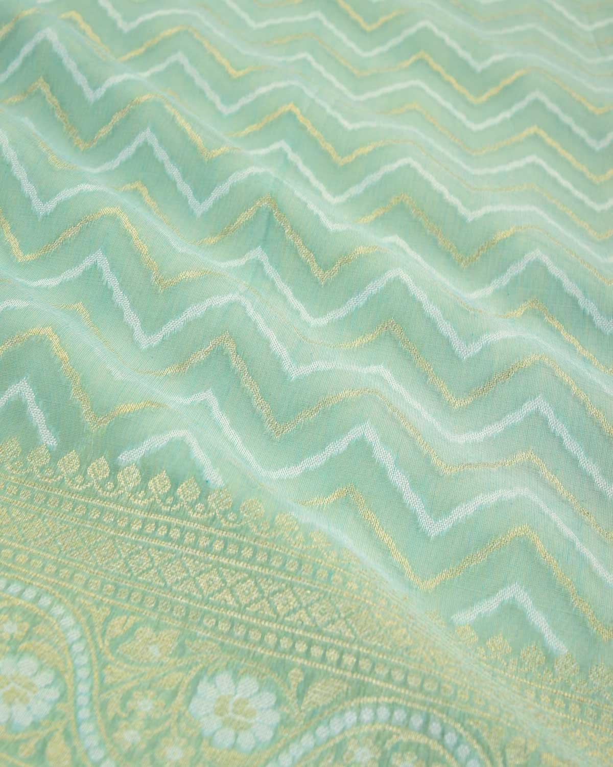 Aqua Marine Gold Zari And resham Chevron Cutwork Brocade Woven Art Cotton Silk Banarasi Saree-HolyWeaves