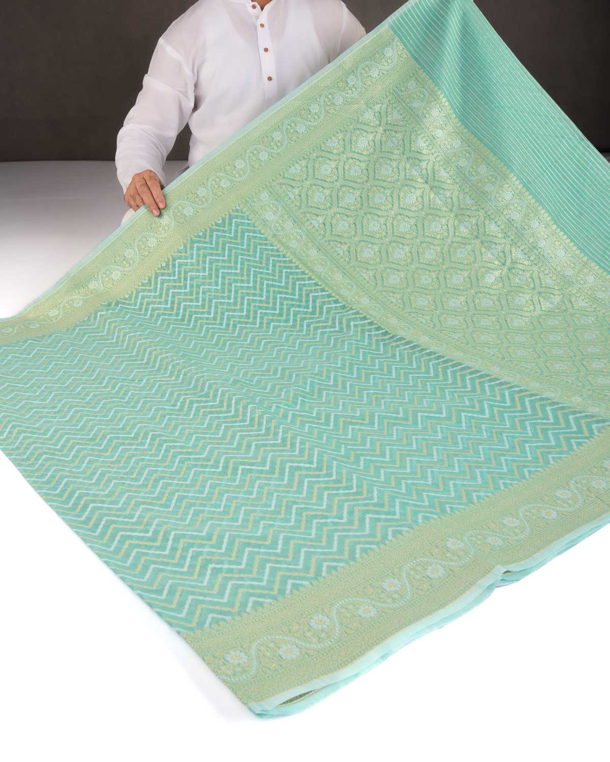 Aqua Marine Gold Zari And resham Chevron Cutwork Brocade Woven Art Cotton Silk Banarasi Saree-HolyWeaves