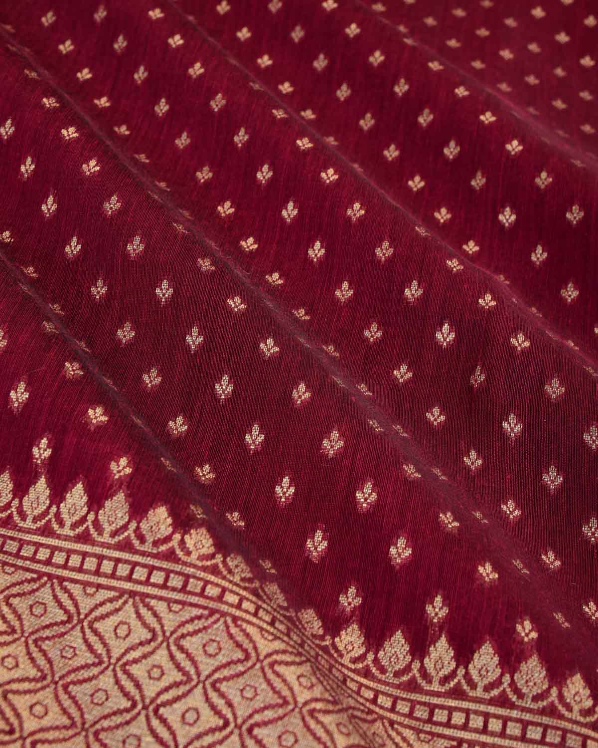 Magenta Gold Zari Leaf Buti Cutwork Brocade Woven Art Cotton Silk Banarasi Saree-HolyWeaves