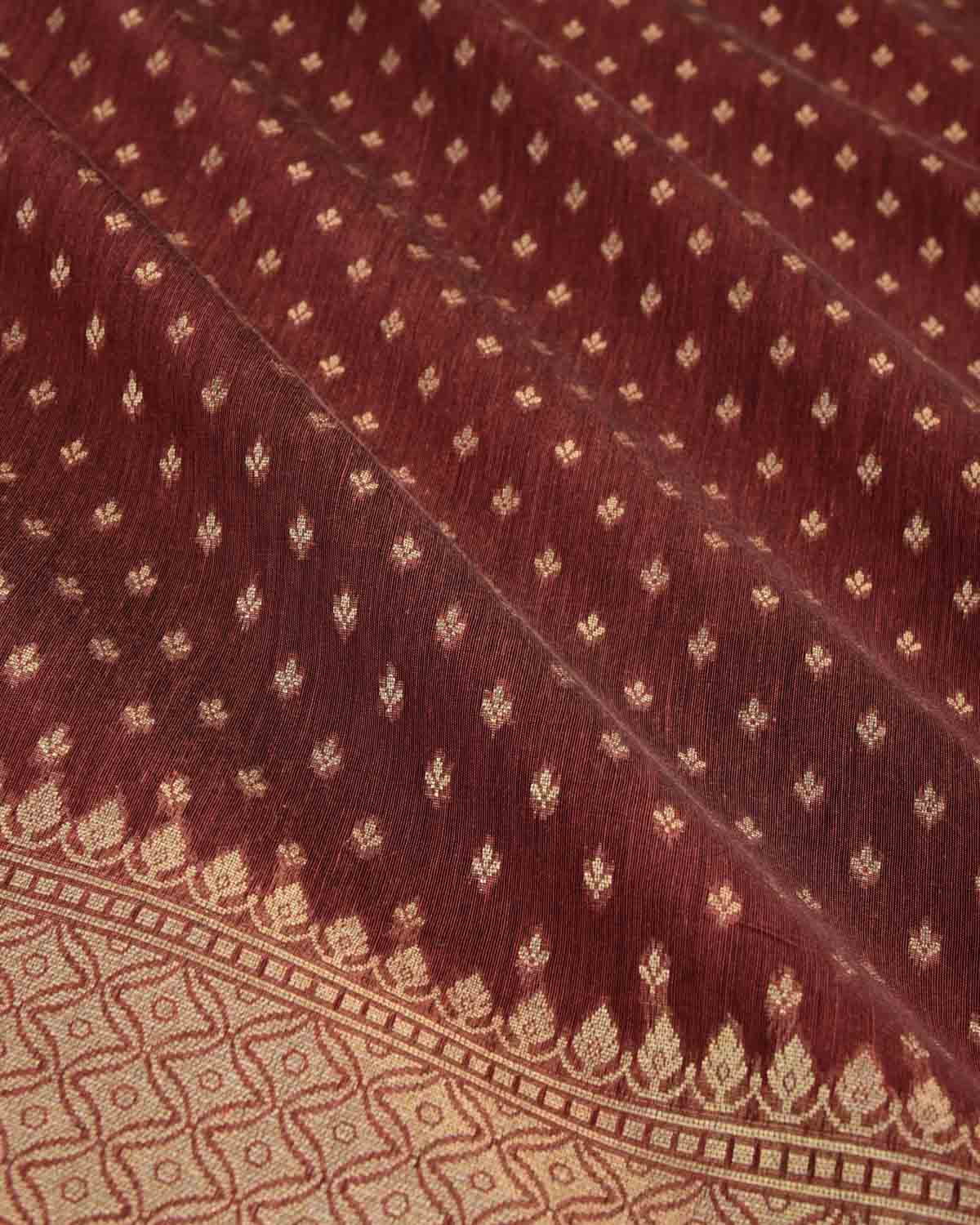 Rust Gold Zari Leaf Buti Cutwork Brocade Woven Art Cotton Silk Banarasi Saree-HolyWeaves