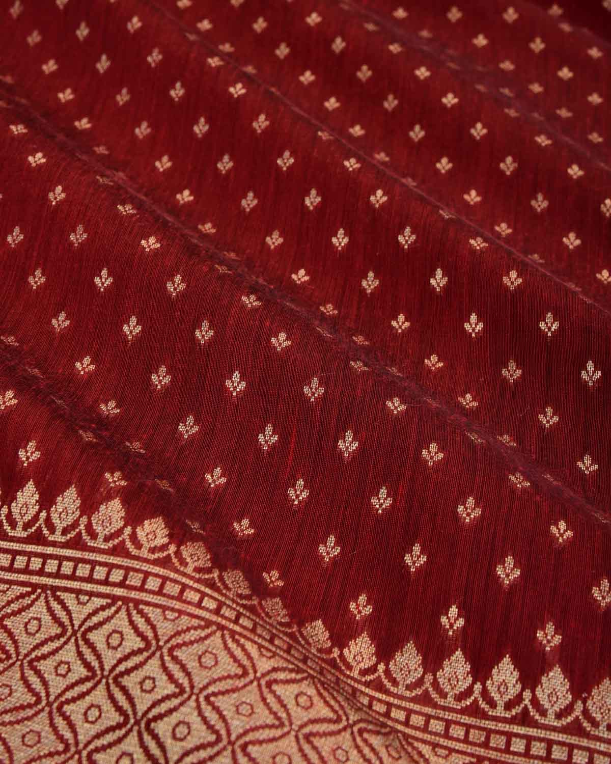 Maroon Gold Zari Leaf Buti Cutwork Brocade Woven Art Cotton Silk Banarasi Saree-HolyWeaves