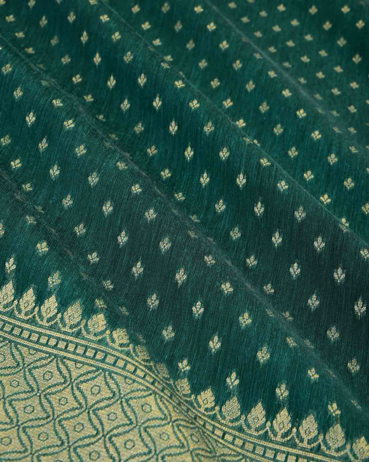 Bottle Green Gold Zari Leaf Buti Cutwork Brocade Woven Art Cotton Silk Banarasi Saree-HolyWeaves