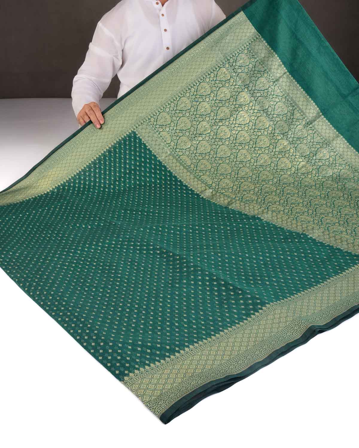 Bottle Green Gold Zari Leaf Buti Cutwork Brocade Woven Art Cotton Silk Banarasi Saree-HolyWeaves