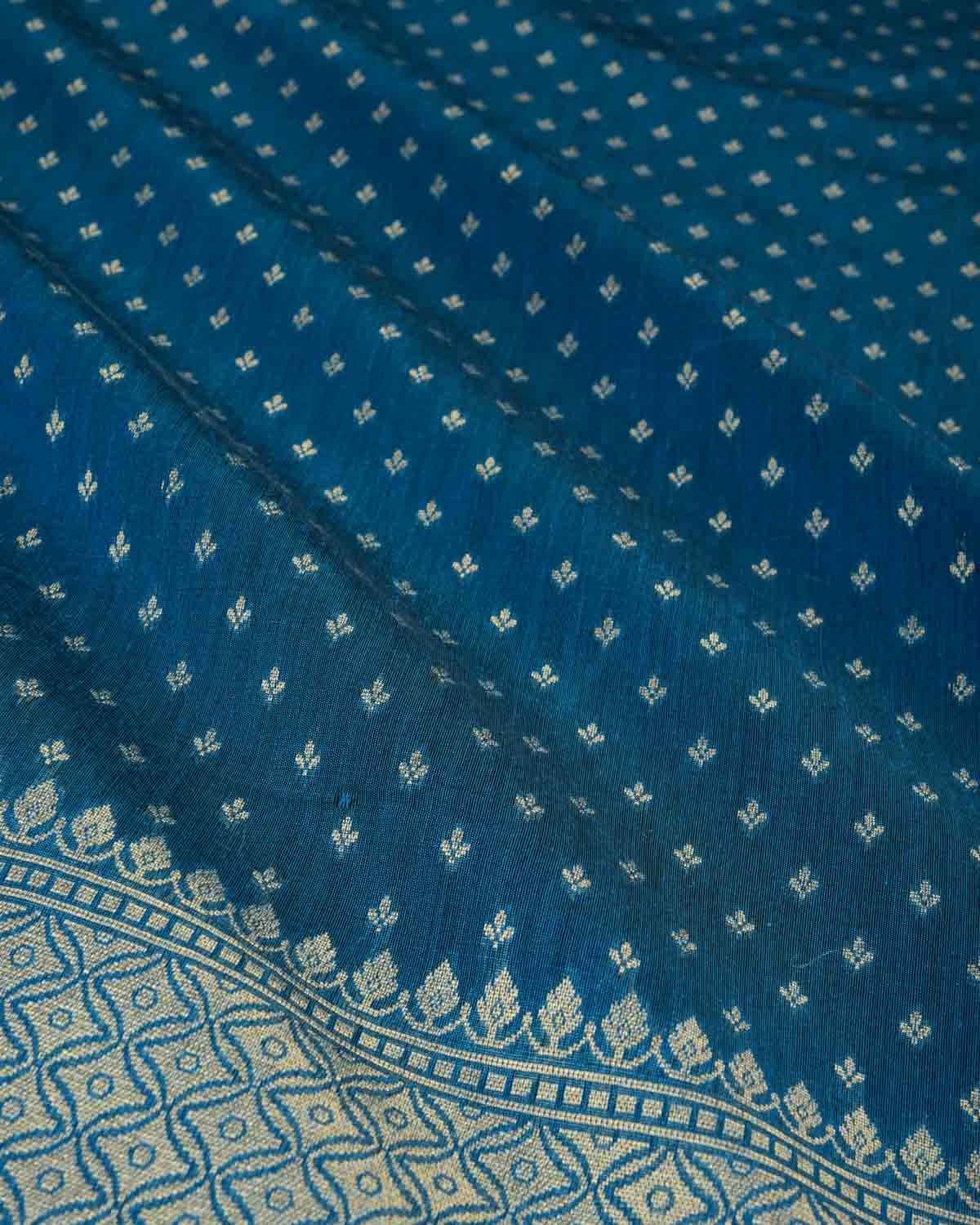 Royal Blue Gold Zari Leaf Buti Cutwork Brocade Woven Art Cotton Silk Banarasi Saree-HolyWeaves