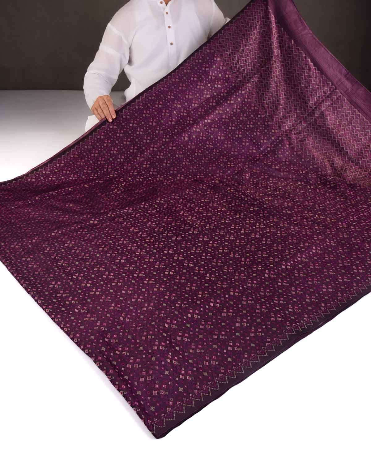 Purple Gold Zari & Resham Tehra Satin Jamawar Brocade Handwoven Katan Silk Banarasi Saree-HolyWeaves