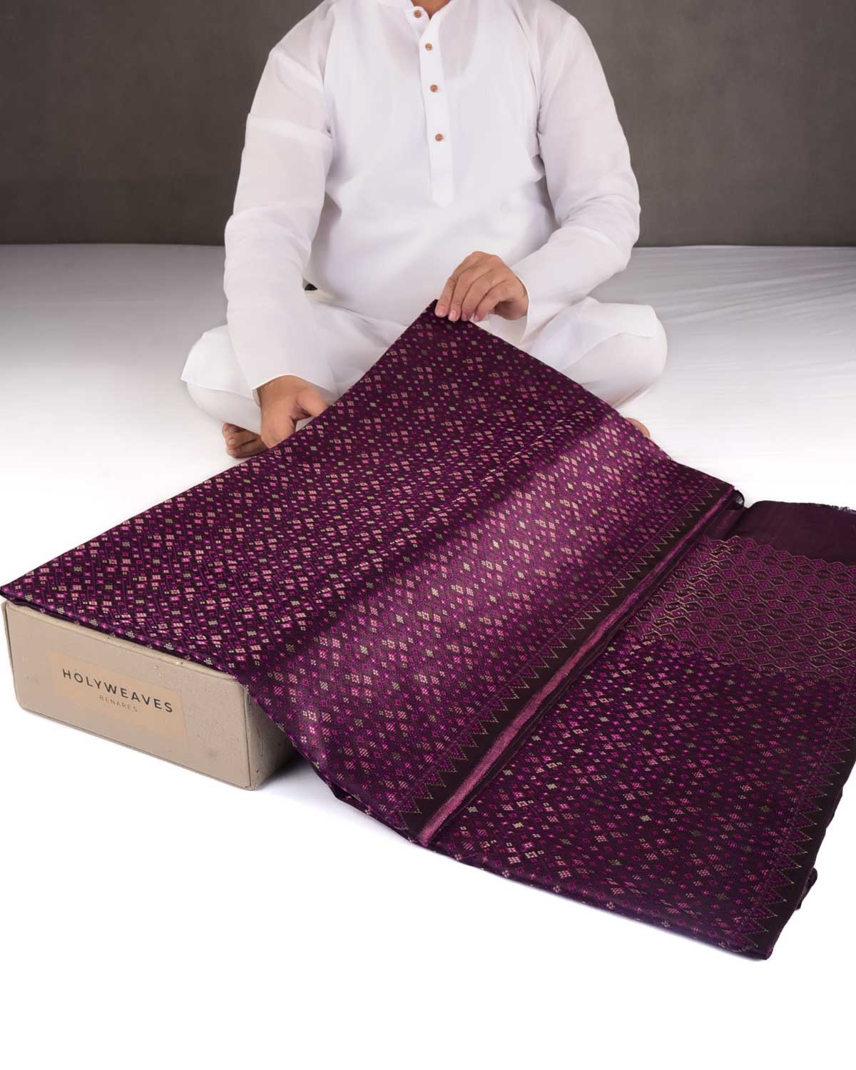 Purple Gold Zari & Resham Tehra Satin Jamawar Brocade Handwoven Katan Silk Banarasi Saree-HolyWeaves