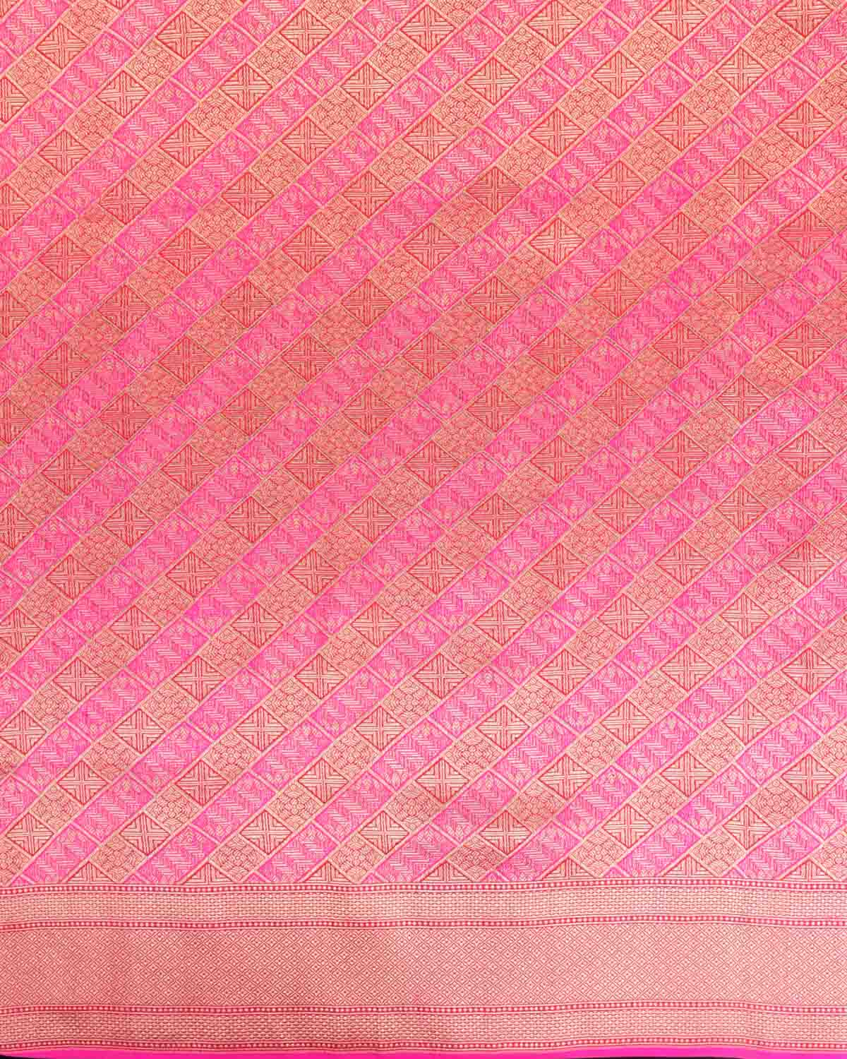 Pink-Red Gold Zari Diagonal Chequered Brocade Handwoven Katan Silk Banarasi Saree-HolyWeaves