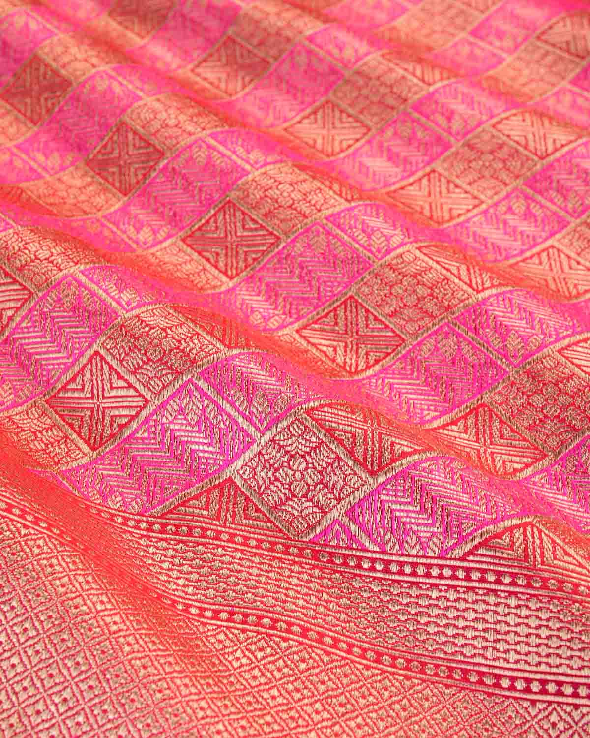 Pink-Red Gold Zari Diagonal Chequered Brocade Handwoven Katan Silk Banarasi Saree-HolyWeaves