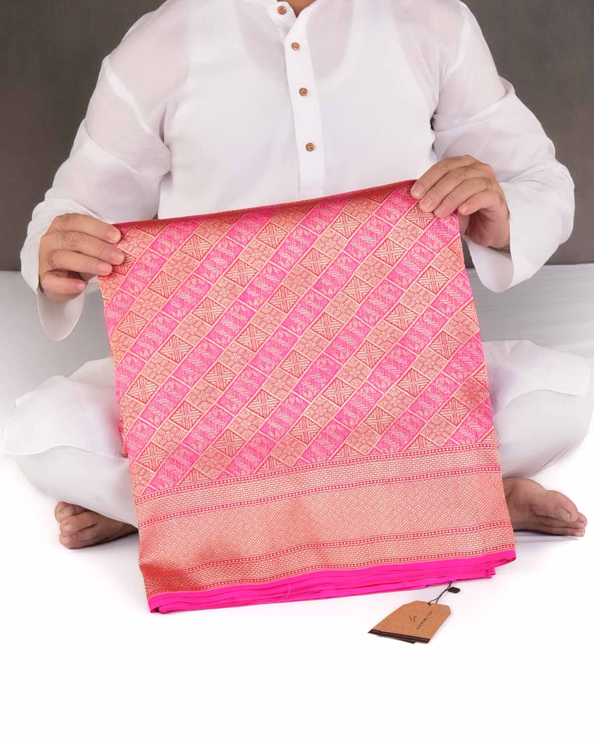 Pink-Red Gold Zari Diagonal Chequered Brocade Handwoven Katan Silk Banarasi Saree-HolyWeaves