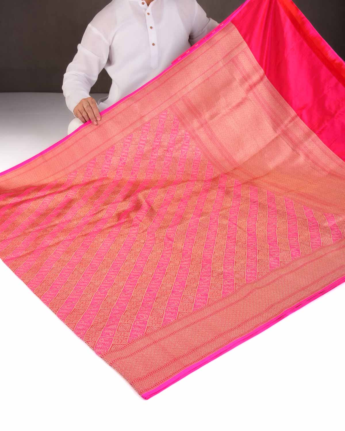 Pink-Red Gold Zari Diagonal Chequered Brocade Handwoven Katan Silk Banarasi Saree-HolyWeaves