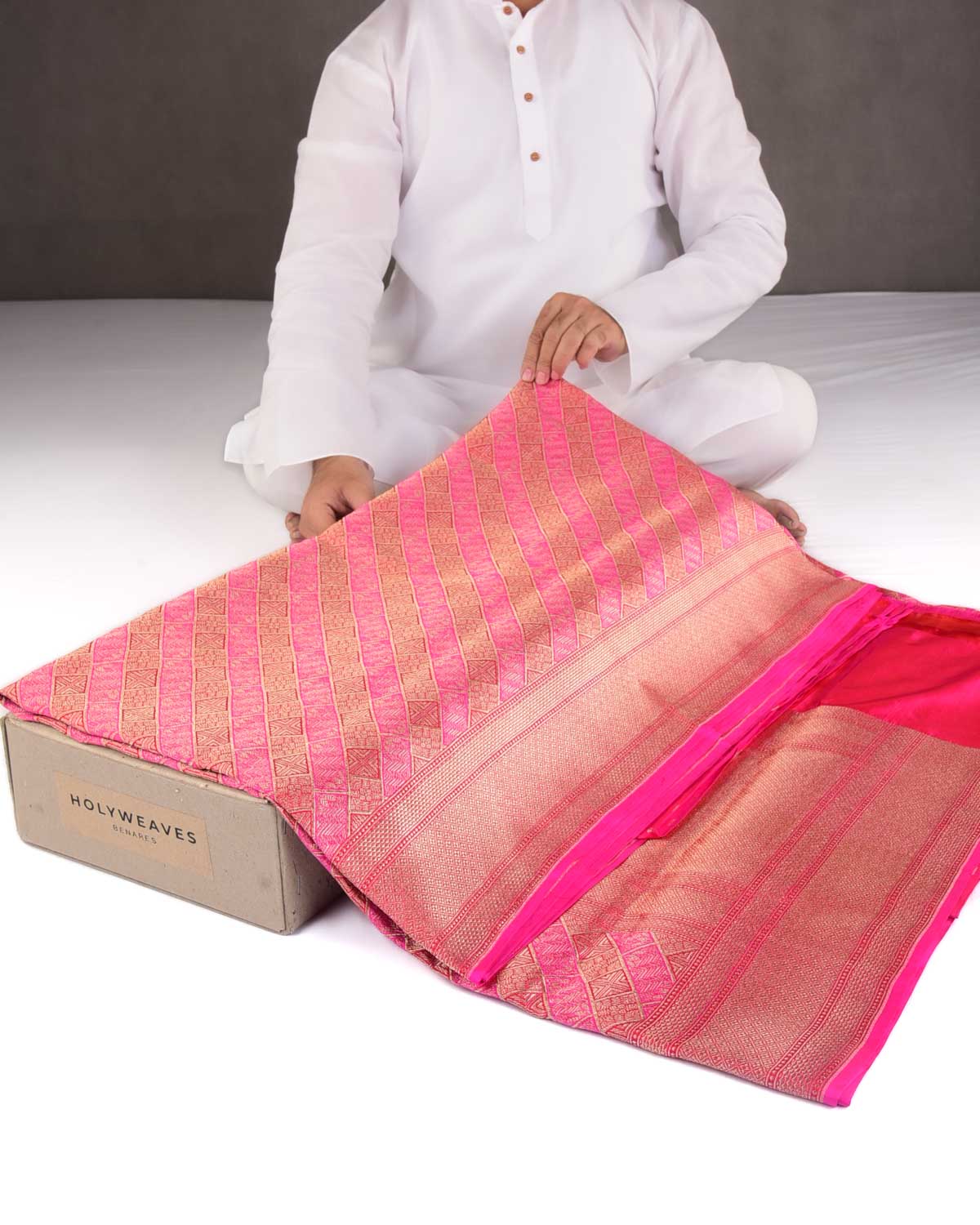 Pink-Red Gold Zari Diagonal Chequered Brocade Handwoven Katan Silk Banarasi Saree-HolyWeaves