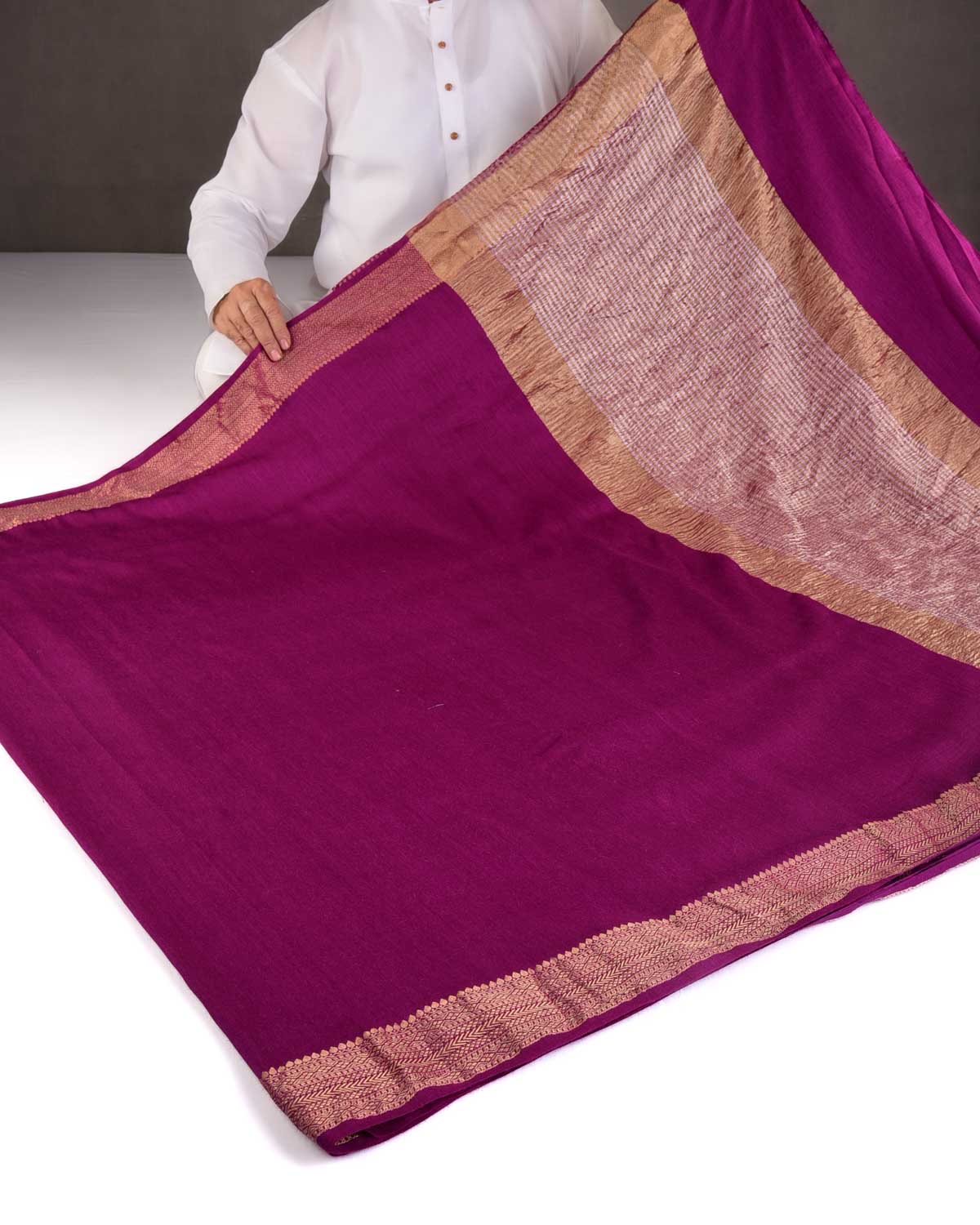 Purple Gold Zari Border Pallu Brocade Woven Muga Silk Banarasi Saree-HolyWeaves