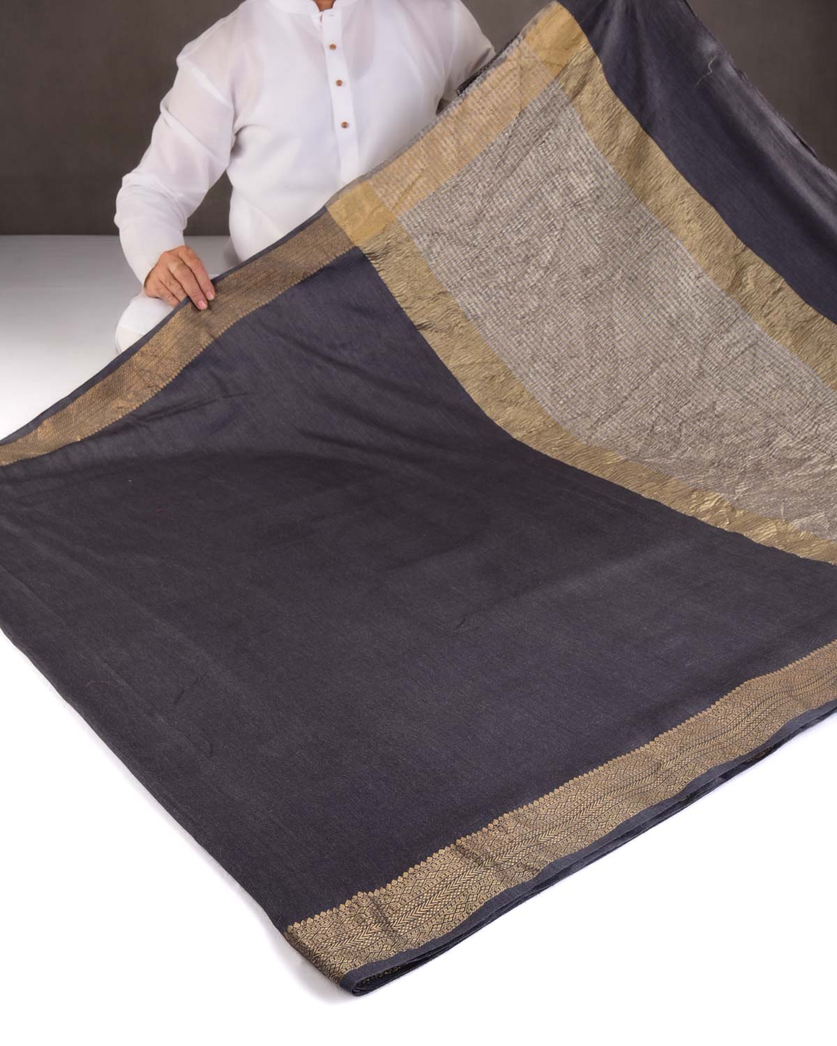 Gray Gold Zari Border Pallu Brocade Woven Muga Silk Banarasi Saree-HolyWeaves