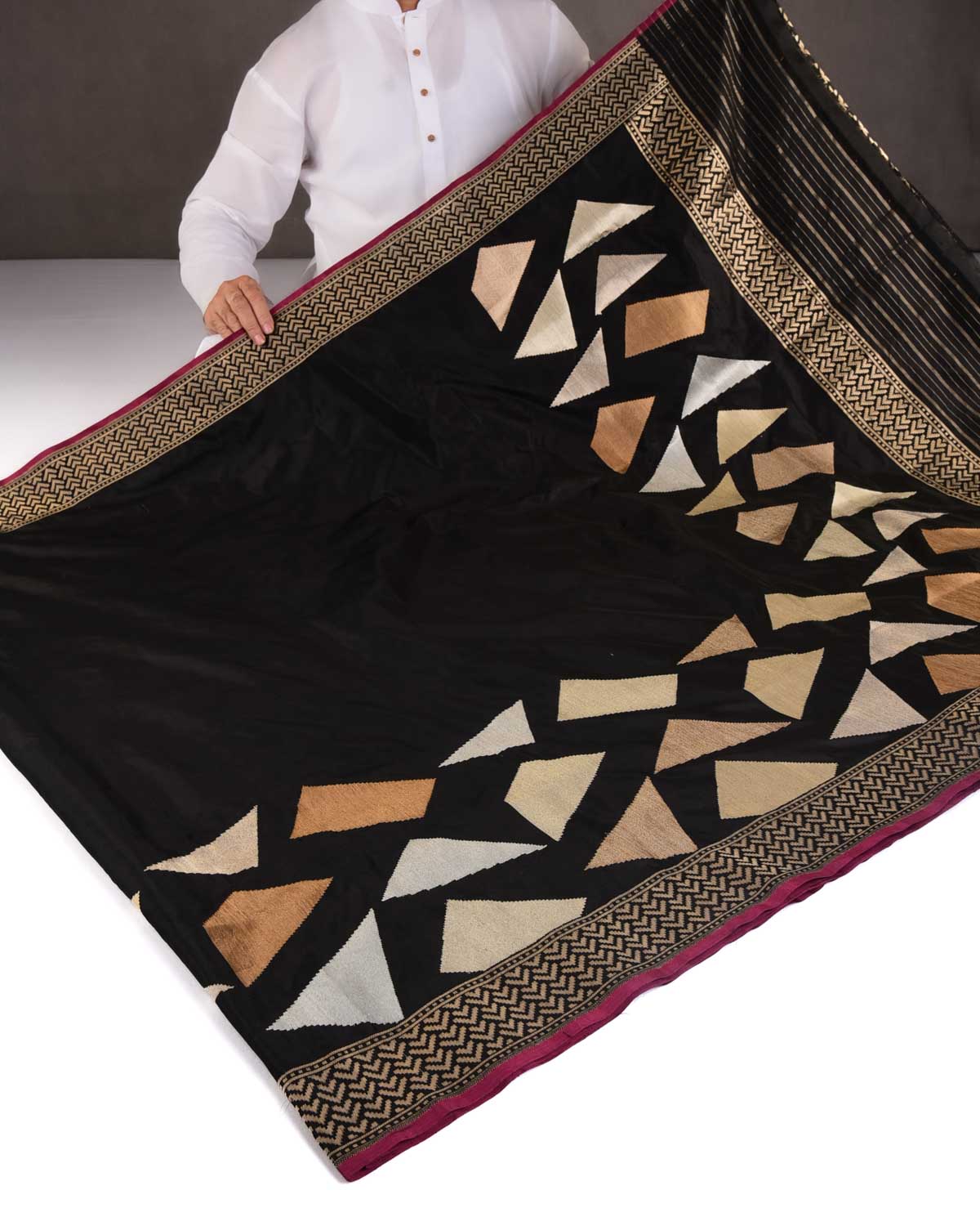 Black Gold Silver & Antique Zari Kadhuan Brocade Handwoven Katan Silk Banarasi Saree-HolyWeaves