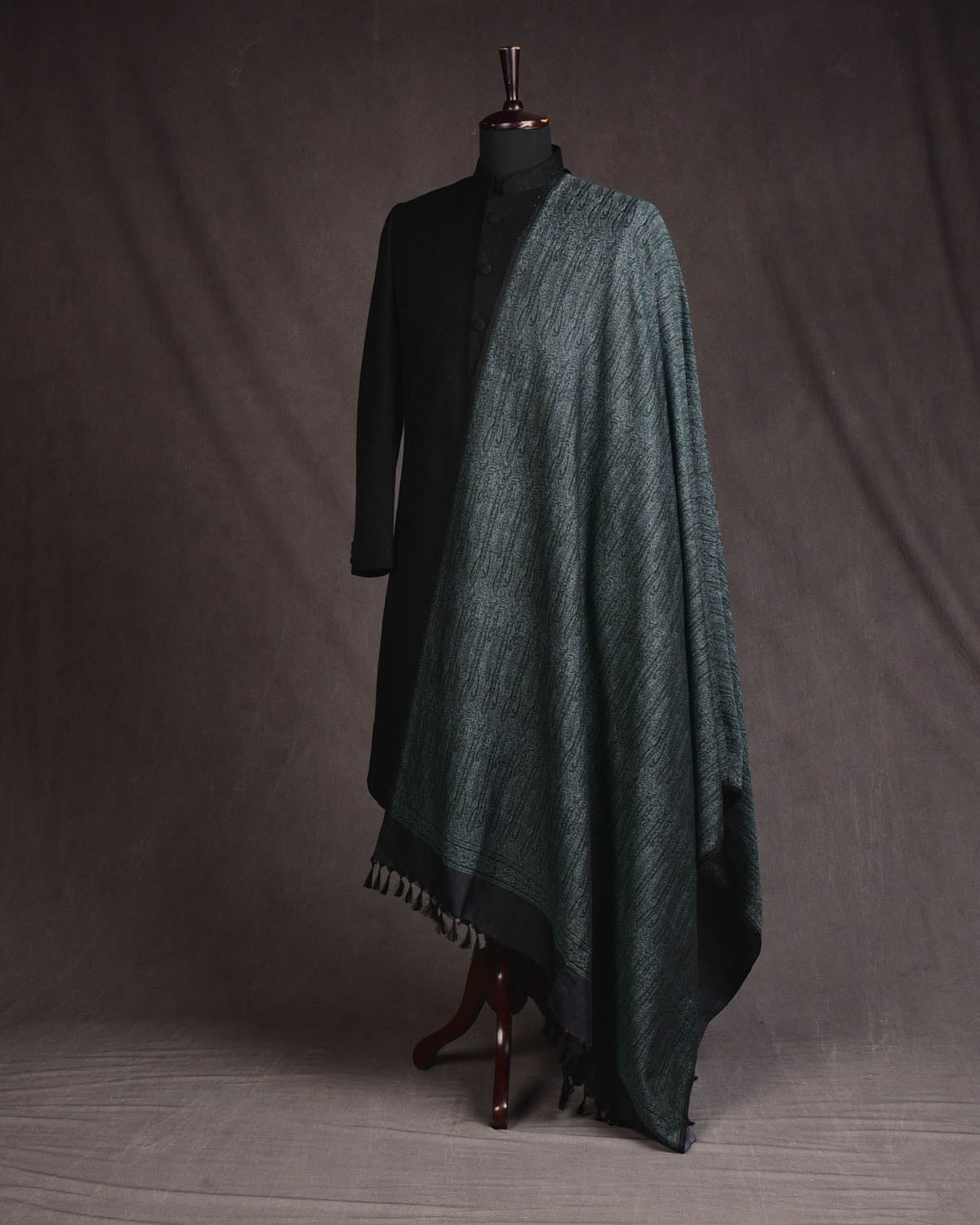 Green On Gray Banarasi Jamawar Handwoven Silk Wool Shawl-HolyWeaves