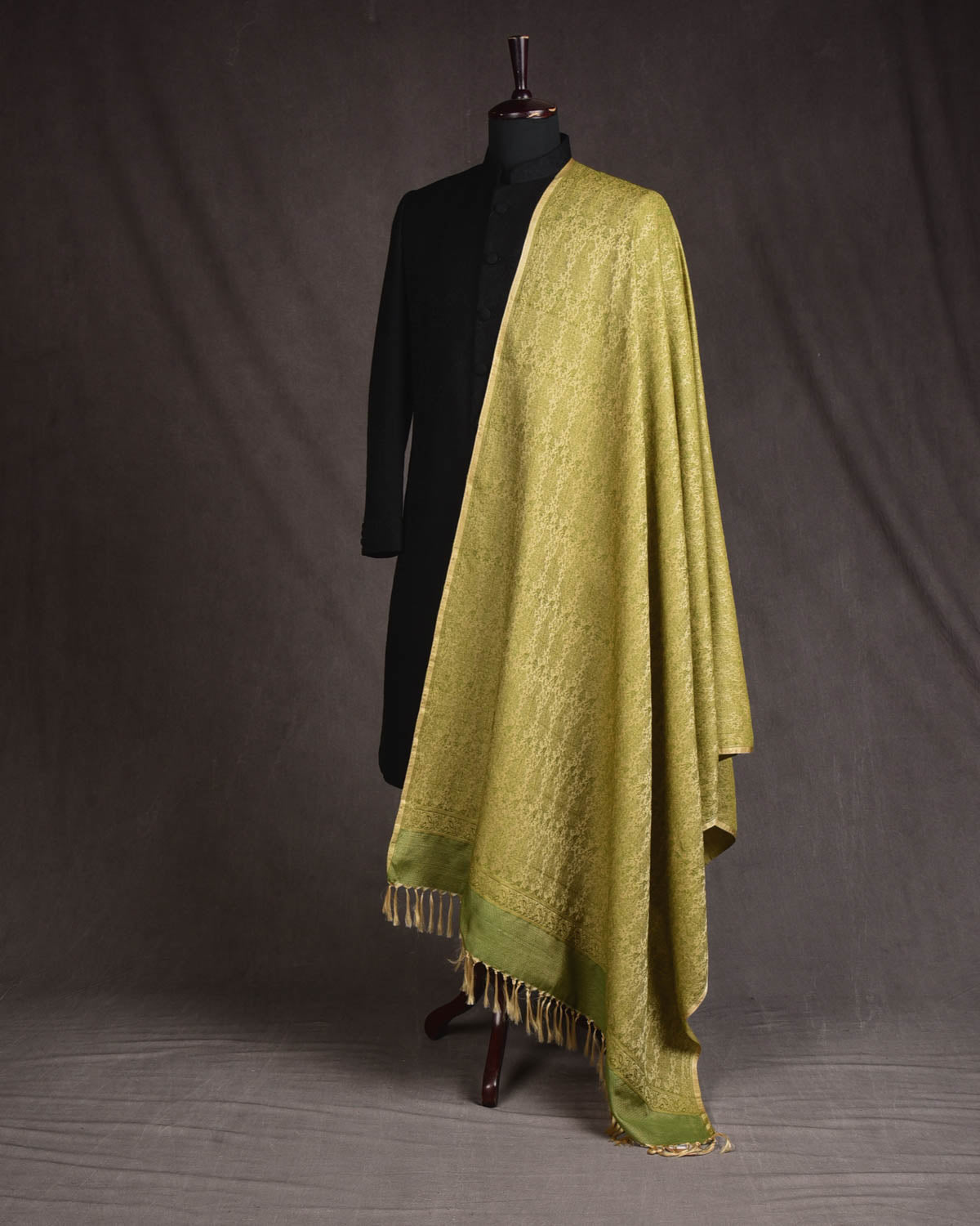 Green On Beige Banarasi Jamawar Handwoven Silk Wool Shawl-HolyWeaves