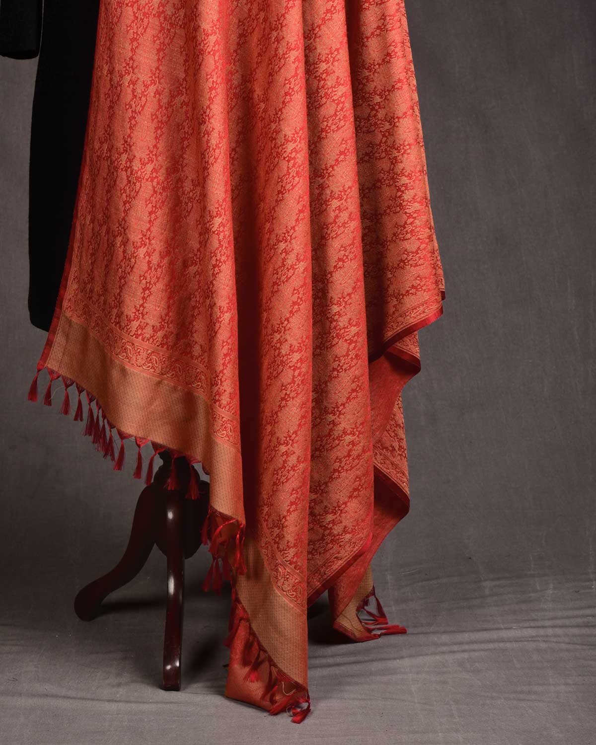 Beige On Red Banarasi Jamawar Handwoven Silk Wool Shawl-HolyWeaves