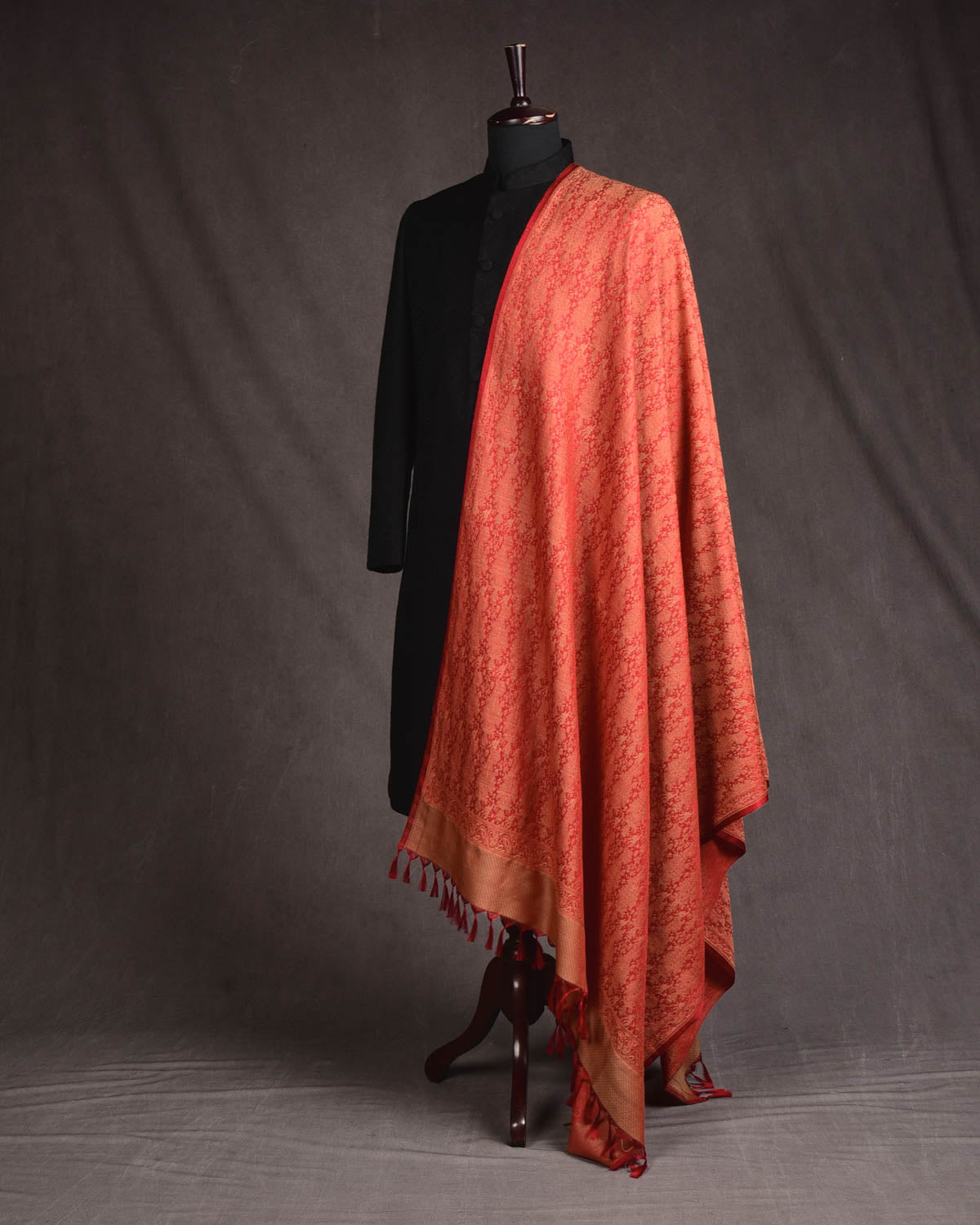 Beige On Red Banarasi Jamawar Handwoven Silk Wool Shawl-HolyWeaves