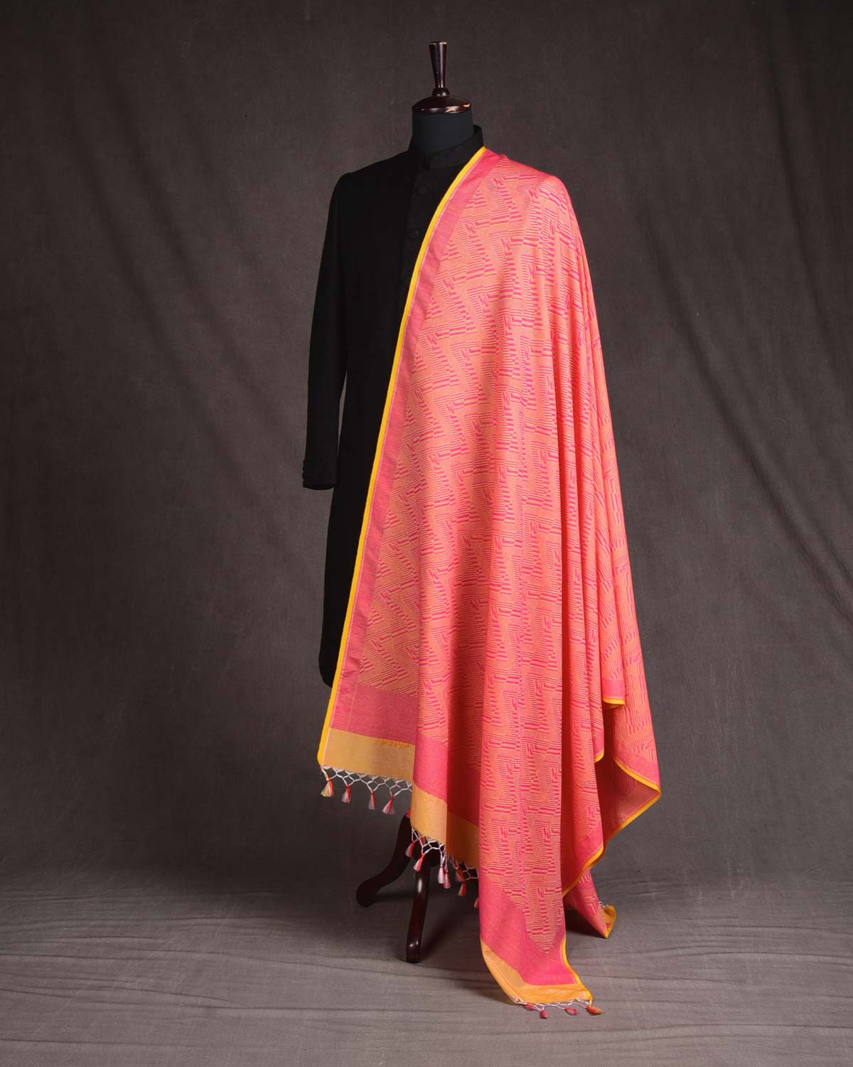 Pink On Yellow Banarasi Contemporary Glitch Chevron Tanchoi Handwoven Silk Wool Shawl-HolyWeaves