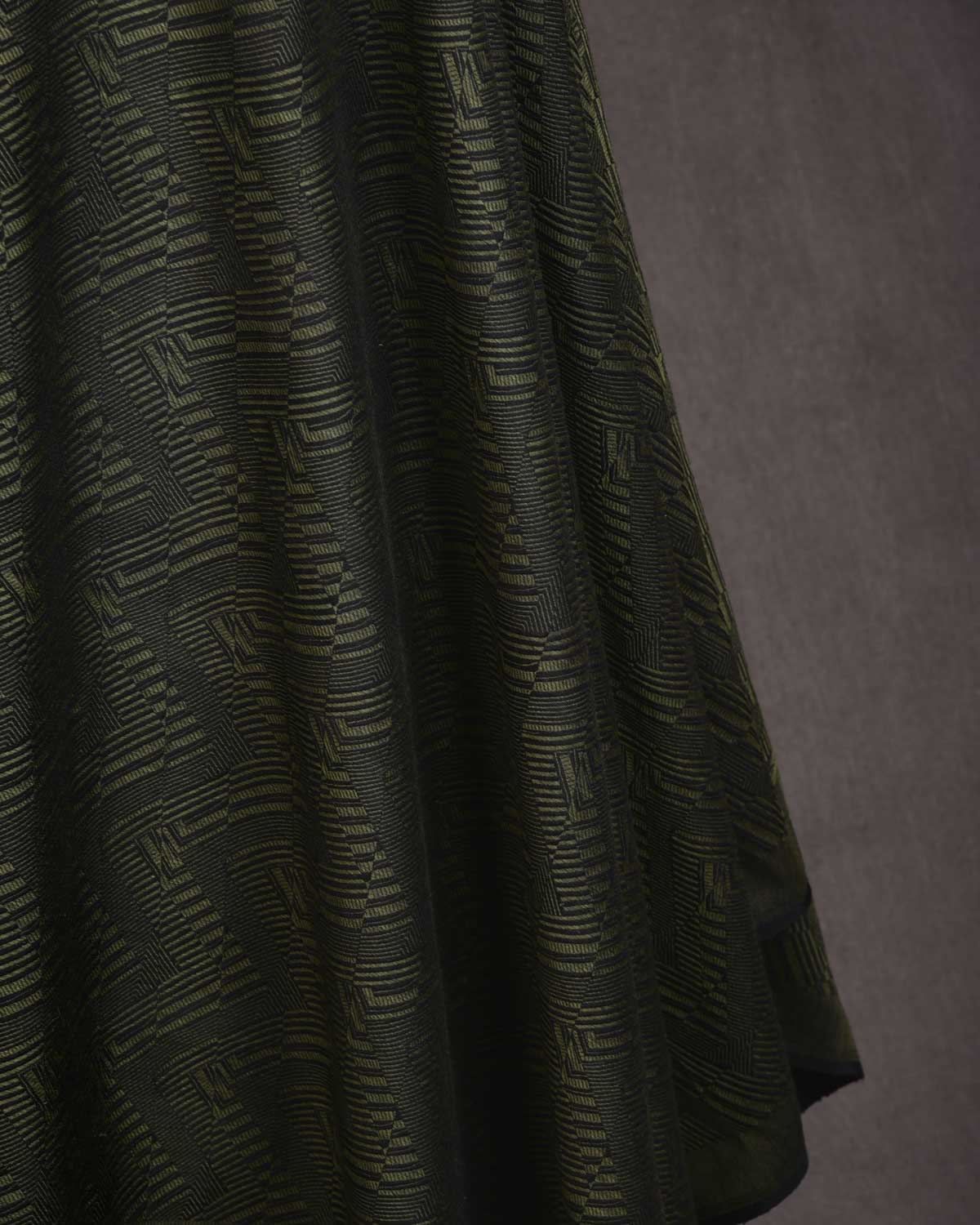 Matte Green Banarasi Contemporary Glitch Chevron Tanchoi Handwoven Silk Wool Shawl-HolyWeaves