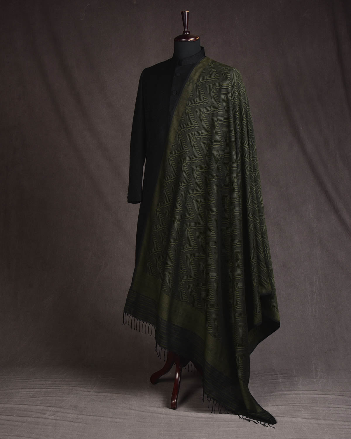 Matte Green Banarasi Contemporary Glitch Chevron Tanchoi Handwoven Silk Wool Shawl-HolyWeaves