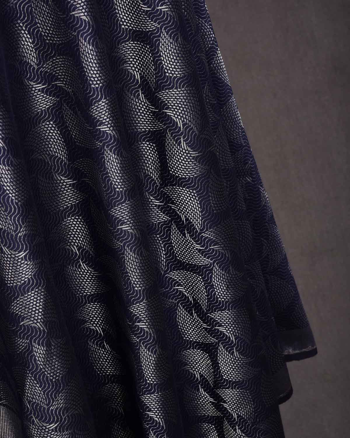 Navy Blue Banarasi Oceanic Pisces Silver Zari Brocade Handwoven Silk Wool Shawl-HolyWeaves